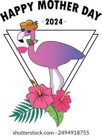 Happy mother day t-shirt design. Hand drawn pink flamingo mom with its baby. Cartoon tropical bird. Mothers day card. Design element for poster, banner, t-shirt print and other.