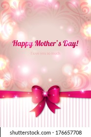 Happy mother day vector illustration. Lights on pink background with Purple bow and Bokeh. Greeting card design.