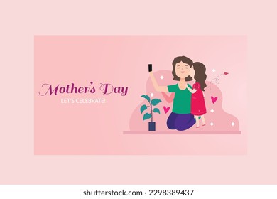 Happy Mother Day vector illustration. baby girl giving kiss to her mom. Mother taking picture with mobile. - Shutterstock ID 2298389437