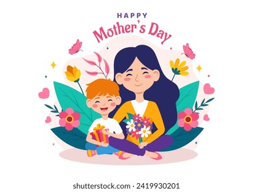 Happy Mother Day Vector Illustration of Affection for Baby and Kids from Mothers with Flower and Gift Concept in Flat Cartoon Background Design