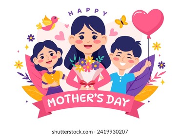 Happy Mother Day Vector Illustration of Affection for Baby and Kids from Mothers with Flower and Gift Concept in Flat Cartoon Background Design