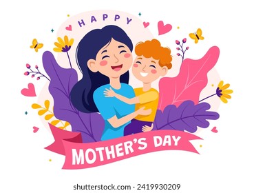 Happy Mother Day Vector Illustration of Affection for Baby and Kids from Mothers with Flower and Gift Concept in Flat Cartoon Background Design