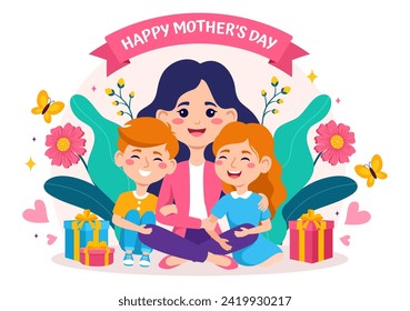 Happy Mother Day Vector Illustration of Affection for Baby and Kids from Mothers with Flower and Gift Concept in Flat Cartoon Background Design