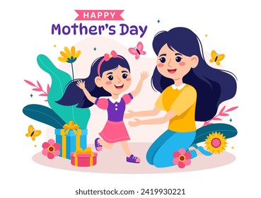 Happy Mother Day Vector Illustration of Affection for Baby and Kids from Mothers with Flower and Gift Concept in Flat Cartoon Background Design