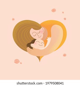 Happy mother day vector square card, loving caucasian mother hugging her young daughter in a shape of heart, Background with small flowers. Smiling woman holding cute happy little girl in her arms. 