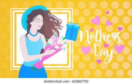 Happy Mother Day, Woman Hold Present Box Spring Holiday Greeting Card Banner Flat Vector Illustration