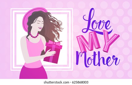 Happy Mother Day, Woman Hold Present Box Spring Holiday Greeting Card Banner Flat Vector Illustration