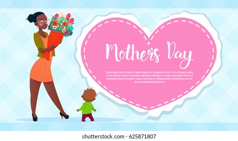 Happy Mother Day, Woman Hold Flowers Bouquet Spring Holiday Greeting Card Banner Flat Vector Illustration