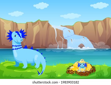 Happy mother dinosaur with hatching from egg baby. Cartoon baby dino sitting in nest flat vector illustration. Waterfall and mountains in background. Breed, nature, animals concept.