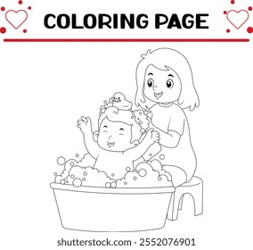 happy mother doing her cute baby bathing coloring page for kids