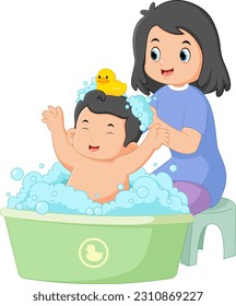 a happy mother doing her very cute baby bathing activity of illustration