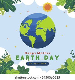 Happy mother earth day 22 april vector illustration with world globe and plants decoration. Best choice for enviromental poster, background, web banner and greeting card.