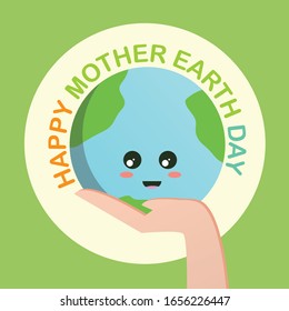 Happy Mother Earth Day concept with earth in human hand on green background. Vector illustration