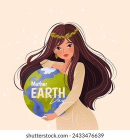 Happy Mother Earth Day. Environmental protection. Poster in cartoon style with woman, planet Earth and slogan. Caring for Nature. Vector illustration for banner, social media post, celebration card.