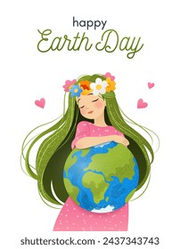 Happy Mother Earth Day. Environmental protection. Vertical greeting card with woman, planet Earth and slogan. Caring for Nature. Vector illustration for banner, social media post, celebration card.