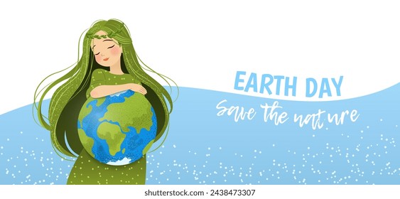Happy Mother Earth Day. Environmental protection. Horizontal banner with woman, planet Earth, water and slogan. Caring for Nature. Vector illustration for banner, social media post, celebration card.