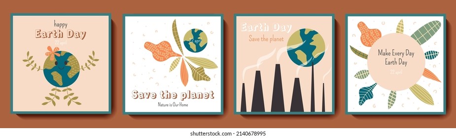 Happy Mother Earth Day greeting square card set. Ecology and environment protection backgrounds with planet, leaves, smoking pipes. Color vector templates for social media post, flyer, postcard design