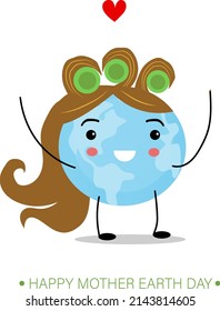 Happy Mother Earth Day illustration with smiling earth planet character with curlers and hands. Ecology, world environment day, mother nature care concept.
