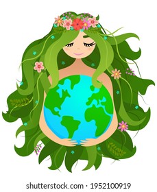 Happy Mother Earth Day  - vector Planet Earth and beautiful Mother drawing with flower wreath. Lettering poster or t-shirt graphic design. Beautiful illustration. Earth Day environmental Protection