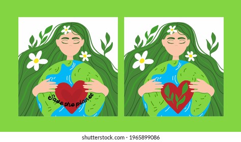 Happy Mother Earth Day - vector of planet Earth and beautiful drawing of mother with long hair. Lettering poster set. Save the planet, vector. Environmental protection