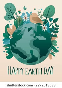 Happy Mother Earth Day - vector Planet Earth and beautiful Mother drawing with flower wreath.  llustration for social poster banner or card in style of save the earth make earth day everyday.