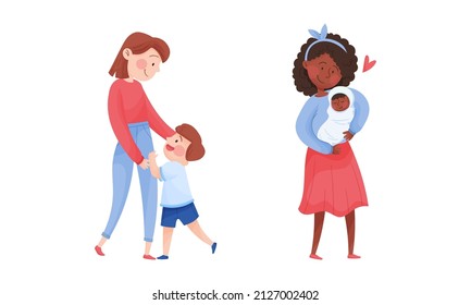 Happy Mother Embracing Tenderly Her Baby Vector Set