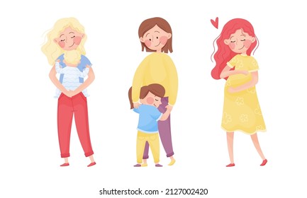 Happy Mother Embracing Tenderly Her Baby Vector Set