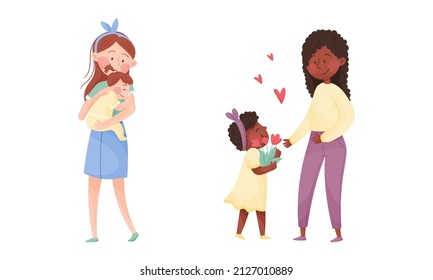 Happy Mother Embracing Tenderly Her Baby and Daughter Giving Flower Bouquet Vector Set