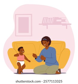 Happy mother enjoying parenting looking on first steps of her toddler son vector illustration. Cheerful mom teaching excited active boy infant kid to walk at home. Children development and growth