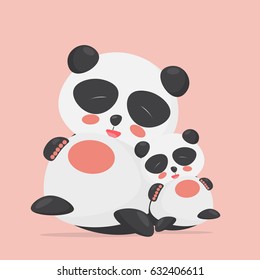 Happy mother or father and baby panda sitting together. Vector illustration of a little cartoon baby panda and a parent having nice day together.