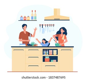 Happy mother, father and daughter cooking together isolated flat vector illustration. Cartoon family preparing food at kitchen. Happiness and food culture concept