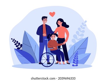 Happy mother and father with daughter on wheelchair. Man and woman with disabled girl flat vector illustration. Family, disability concept for banner, website design or landing web page