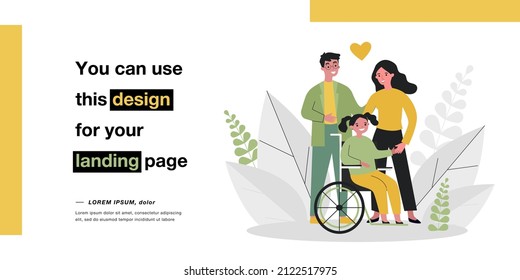 Happy mother and father with daughter on wheelchair. Man and woman with girl with disability flat vector illustration. Family, disability concept for banner, website design or landing web page