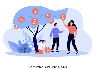 Happy mother, father and daughter taking gold coins from tree. Family with money tree flat vector illustration. Family budget, investment, wealth concept for banner, website design or landing web page