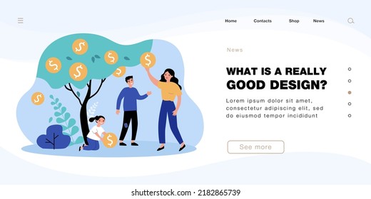 Happy Mother, Father And Daughter Taking Gold Coins From Tree. Family With Money Tree Flat Vector Illustration. Family Budget, Investment, Wealth Concept For Banner, Website Design Or Landing Web Page