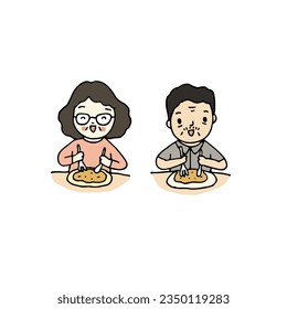 Feliz madre y padre disfrutando de comer, ilustración vectorial de estilo dibujado a mano.