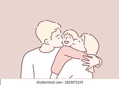 Happy mother and father kissing his little son. Hand drawn style vector design illustrations.