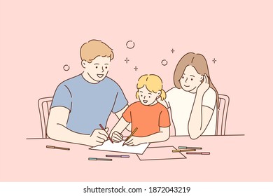 Happy Mother, father and small daughter enjoying painting with pencils at home together. Young family drawing picture on paper. People spending time together with favourite hobby concept 