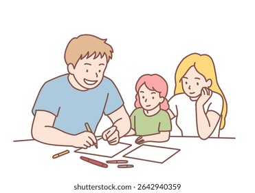 Happy Mother, Father and small daughter enjoying painting with pencils at home together. Family drawing picture on paper. People spending time together. Hand drawn style vector design illustrations.