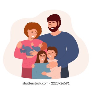 Happy mother, father, son, daughter, baby together. A big family supports each other, loves each other. Vector graphics.