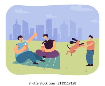 Happy mother, father and son having picnic in summer. Man and woman sitting on blanket, boy playing with dog flat vector illustration. Family, pets, outdoor activity concept for banner, website design