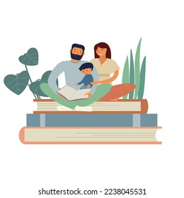 Happy Mother, father and son sitting on giant stack of books together read book. Family spending time together. Flat vector illustration