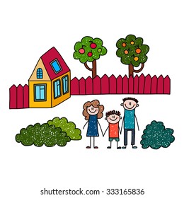 Happy mother and father with son. There are orange house and two fruit trees behind red fence.