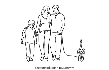 Happy mother, father, son walking the dog. Hand drawn vector illustration.