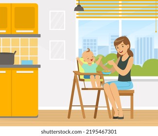 Happy Mother Feeding Baby Sitting on High Chair with Spoon Vector Illustration