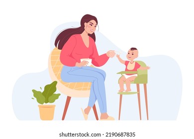 Happy mother feeding breakfast to little baby in high chair. Woman giving healthy food to child or infant flat vector illustration. Motherhood, baby care, nutrition concept for banner, website