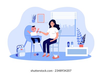 Happy mother feeding son in baby chair vector illustration. Drawing of woman with kid and parenthood essentials, baby bottle, wet wipes, rattle. Motherhood, family, parenting concept