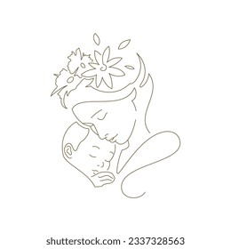 Happy mother with flower hair hugging little baby son continuous line art style logo vector illustration. Gentle woman with kid child embrace minimal canvas print for Mother's Day hand drawn icon