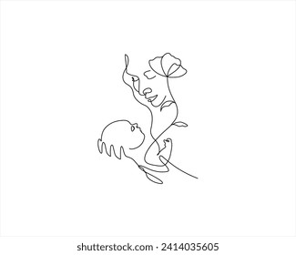 Madre feliz con el pelo floral abrazando al bebé hijo línea continua estilo de arte logo vector ilustración mujer gentil