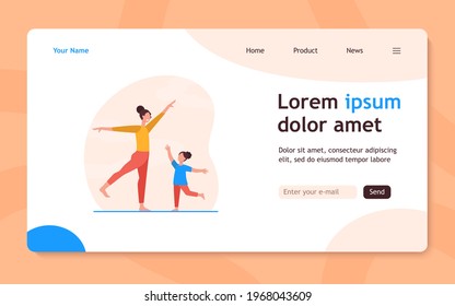 Happy mother and girl doing exercise together. Mom, daughter, healthcare flat illustration. Sport activity and family concept for banner, website design or landing web page